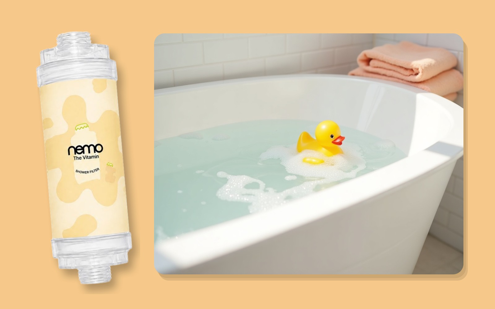 Filtre de douche NEMO Poudre de lait devant une baignoire au moment du bain des enfants