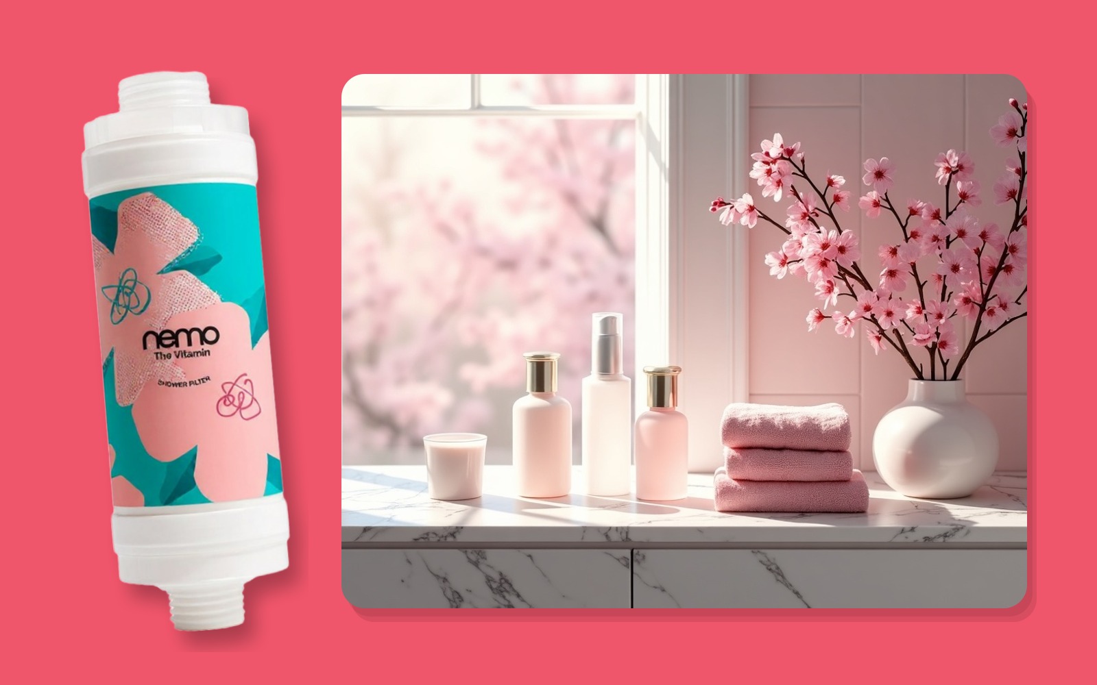 Filtre de douche NEMO Fleur de cerisier dans une salle de bain lumineuse