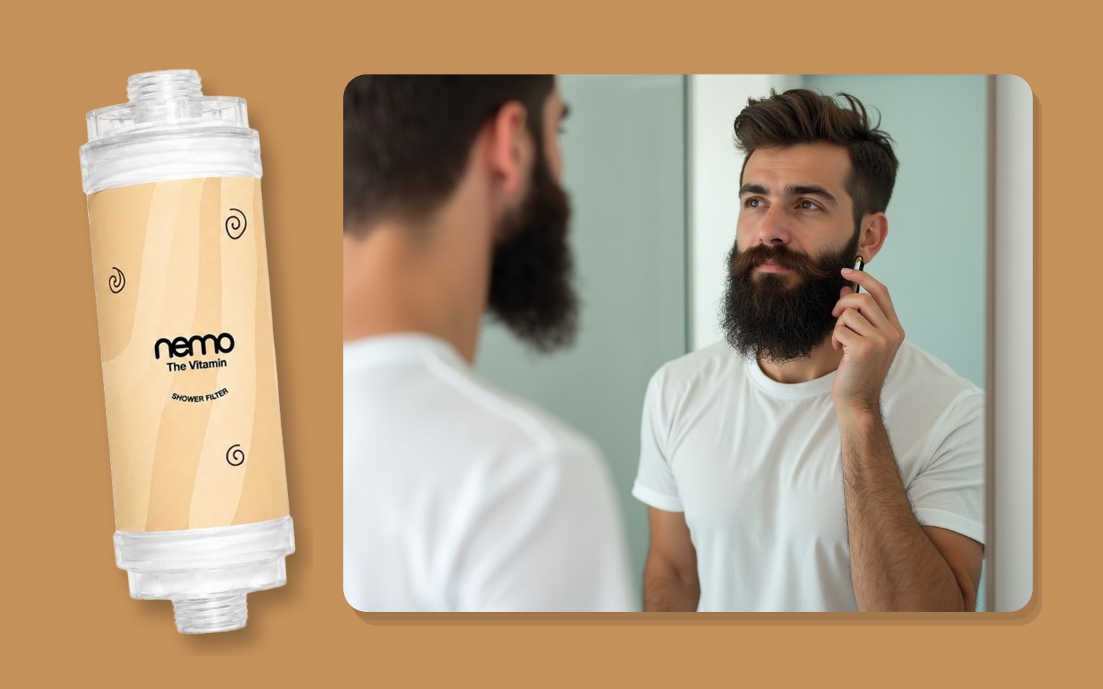 Filtre de douche NEMO Bois devant un homme barbu qui soigne sa barbe