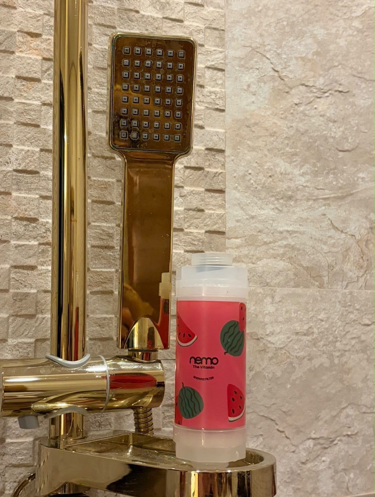 Filtre de douche NEMO installé entre le flexible et le pommeau